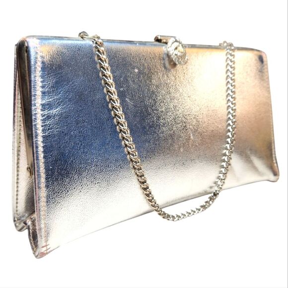 Vintage 60s Silver‎ Metallic Leather Purse Bag Clutch Chain Handle Pearl MCM Mod - Picture 1 of 15